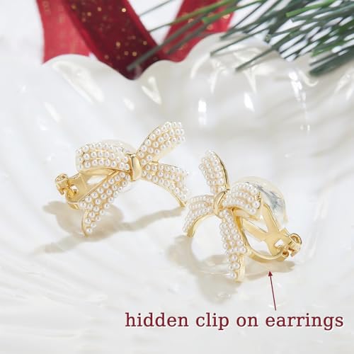 YOQUCOL Simulated Pearl Flower-Cluster Shape Clip On Stud Earrings Non Pierced Ear Earrings for Women - color: Bowtie