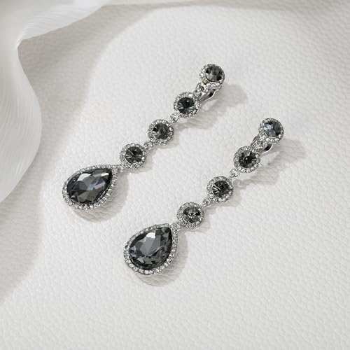 EleQueen Women's Wedding Crystal Teardrop Pear Shape 3 Inch Clip on Long Dangle Earrings for Bride Bridesmaid, Jewelry for Party Prom/Anniversary - color: Grey Silver-Tone