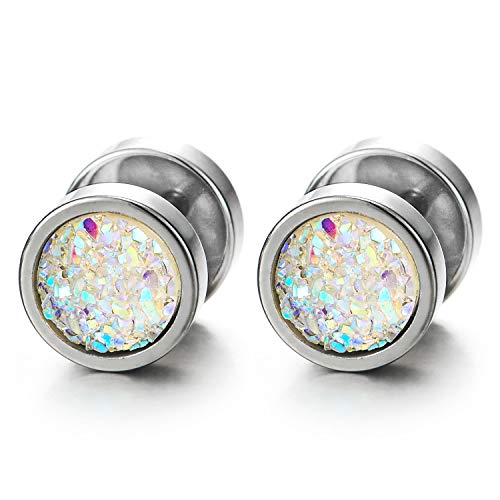 10mm Women Mens Black Circle Stud Earrings Black Glitter, Steel Cheater Fake Ear Plugs Gauges Tunnel - color: Metal color: Silver; Stone color: Colorful-01