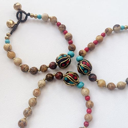Petite Adjustable Boho Bracelet for Small Wrists 6-7.5 Inch - Handmade Nepalese Buddhist Prayer Bracelet with Elephant Charm, Brass Bell, Turquoise Stone & Tibetan Mantra Beads, Spiritual Lucky Gift - color: Yellow-2Pcs