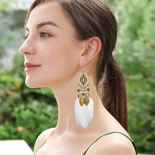 Dreuyet Boho Long Feather Drop Dangle Earrings for Women Retro Bohemian Ethnic Fringe Multicolor Tassel Feather Earring Handmade Statement Dream Catcher Earrings Jewelry - color: White Oval