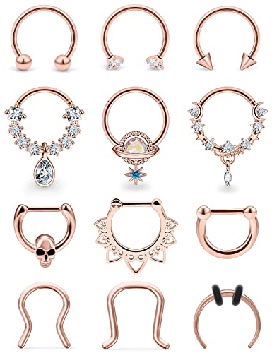 Vsnnsns 16G Septum Rings Piercing Jewelry 316L Stainless Surgical Steel Skull Flower Dangle Clicker Horseshoe Septum Nose Rings Hoop Piercing Jewelry for Women Men Silver Black Rose Gold 10mm - color: Rose Gold Tone
