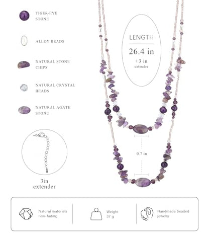 Noessla Boho Long Beaded Necklaces for Women Double Layer Chunky Irregular Stone Beads Strand Statement Jewelry Mothers Day Gifts - color: Amethyst