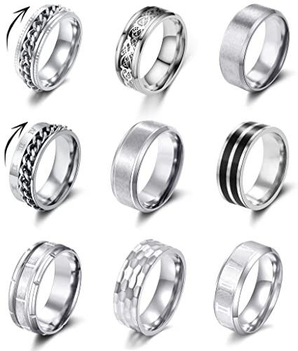 9Pcs Stainless Steel Band Rings for Men Women Fidget Anxiety Relief Rings Spinner Ring Wedding Promise Rings Set - color: Silver