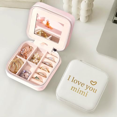 COLLECTIVE HOME - Travel Jewelry Case, Elegant Square Design with Heartfelt Message, Built-in Mirror, Personalized Mother's Day Gift Organizer for Rings, Necklaces, and More (I love you mimi) - color: I love you mimi
