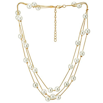 Women's Cream Pearl Triple Strand Necklace, Multi Layered Gold Toned Chain Jewelry, Elegant Luminous Beaded Choker, Classic Glamour Accessory, Gift for Her