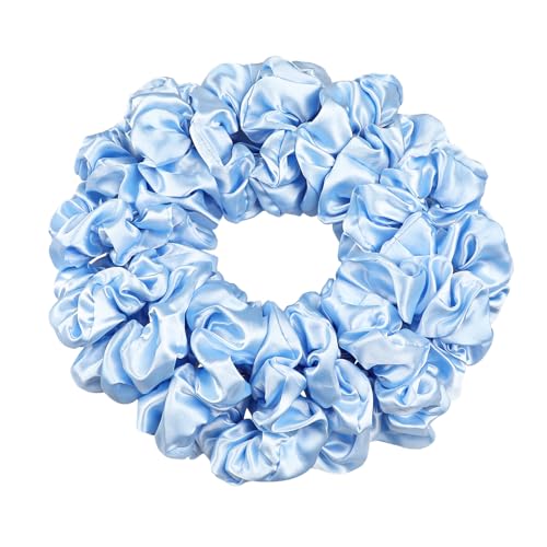 16 Pcs Satin Blue Hair Ties and Ponytail Holders - Big Scrunchies for Women's Thick Curly Hair, No Crease or Damage, Cute Pony Tails for Girls - color: Bright Blue