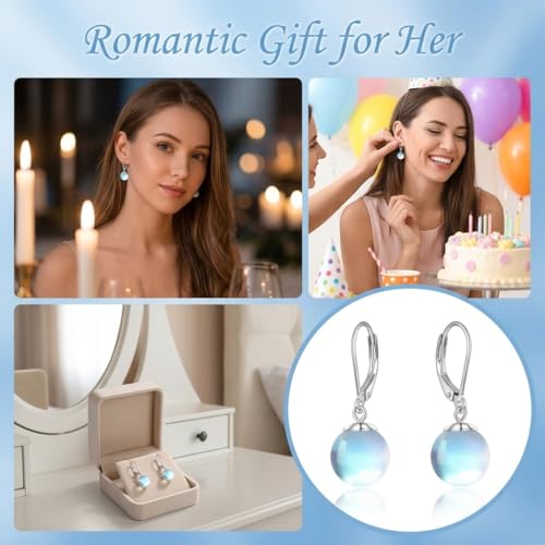 Pearl Leverback Earrings for Women Dangle Round Gemstone Earrings Birthstone Jewelry Gift Anniversary for Her - color: 13 Moonstone
