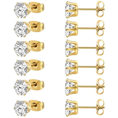 MDFUN 6 Pairs Stud Earrings Sets 3-8MM 18K Gold Plated Round 5A+ Cubic Zirconia Earrings Hypoallergenic CZ 6 Prong Ears Jewelry for Women - color: 8MM-Yellow Gold