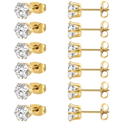 MDFUN 6 Pairs Stud Earrings Sets 3-8MM 18K Gold Plated Round 5A+ Cubic Zirconia Earrings Hypoallergenic CZ 6 Prong Ears Jewelry for Women - color: 8MM-Yellow Gold