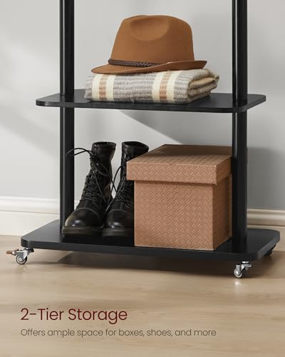 VASAGLE Freestanding Coat Rack Stand with 7 Hooks, 2 Shelves, 4 Removable 360° Swivel Wheels, Wooden Hooks and Pole, for Entryway, Bedroom, Living Room, Ink Black URCR053BH01 - color: Ink Black, style: Minimalist