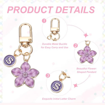 PATIKIL Flower Initial Keychain, Letter Keychain Charm Graceful Flower with Letter for Women Pendant Key - color: Purple