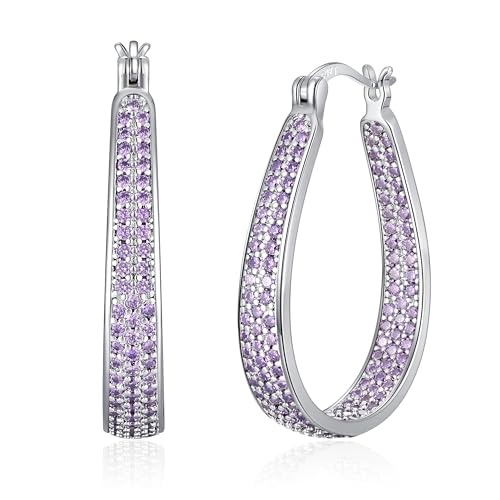 925 Sterling Silver Post Hoop Earrings for Women Gilrs Multcolors Cubic Zircon Hoops 14K Gold Plated Oval Chunky Hoop Earrings Jewelry Gift for Mothers Day/July 4th/Wedding/Party/Christmas - color: Purple