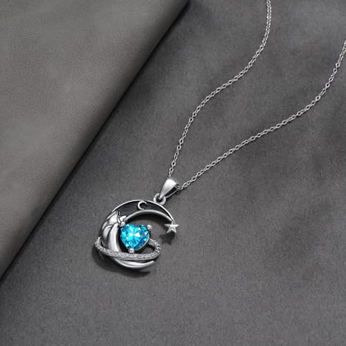 I Love You to the Moon and Back Necklace 925 Sterling Silver Black Crescent Moon Star Pendant with Heart Birthstone Necklace Anniversary Gothic Jewelry Gifts for Women Wife Lovers - color: 03-Mar-Aquamarine
