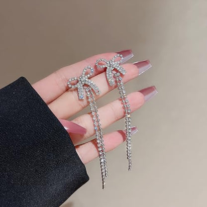 Luxval Rhinestone Earrings Dangling for Women Sparkly Silver Dangle Earrings Girls Long Chandelier Earrings Tassel Lightweight Ear Studs Cubic Zirconia Crystal Statement - color: Silver-Dangle Bow