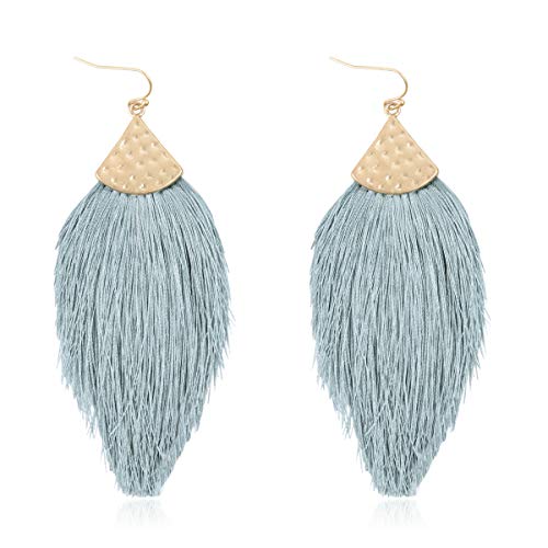 Bohemian Thread Tassel Drop Earrings - Geometric Petal Fan Fringe Feather Statement Chandelier Duster Dangles - color: Classic Tassel Chandelier - Light Blue