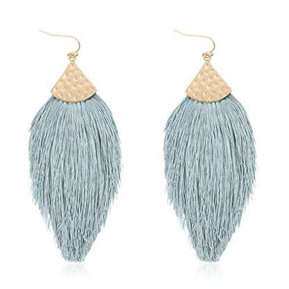 Bohemian Thread Tassel Drop Earrings - Geometric Petal Fan Fringe Feather Statement Chandelier Duster Dangles - color: Classic Tassel Chandelier - Light Blue