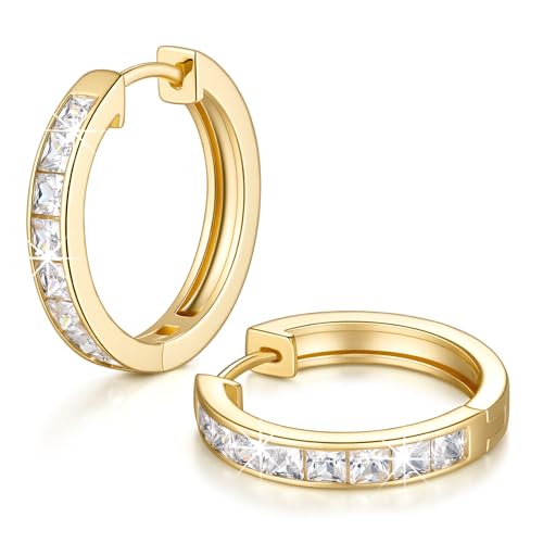 14K Gold Earrings for Women Gold Hoop Earrings for Women | Dainty Gold Earrings for Women Stylish 14K Gold Hoop Earrings for Women Square Cubic Zirconia Huggie Hoop Earrings 15/20/25mm - size: 20mm