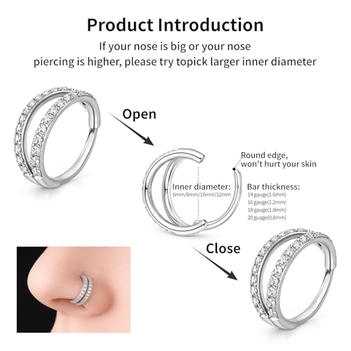 20/16G CZ Hinged Nose Rings Hoop, 316L Surgical Stainless Steel Cartilage Earring, Septum Clicker Ring, Daith Helix Rook Tragus Conch Lip Lobe Piercing Jewelry - color: A Silver Double Open Ring with Blue Silver CZ, size: 1pc 20 Gauge 6mm