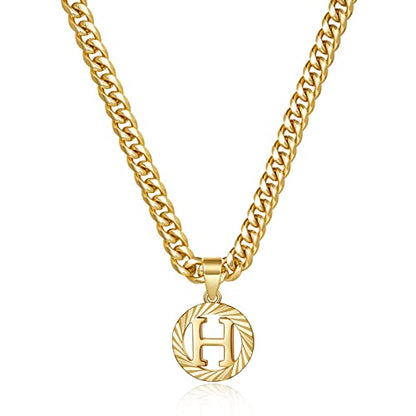 KissYan Initial Pendant Necklaces for Women Men | 14K Gold Filled/White Gold Plated, Hollow Round Letter Capital Monogram Charm with 5mm Cuban Chain, Alphabets from A-Z - color: Gold, style: H