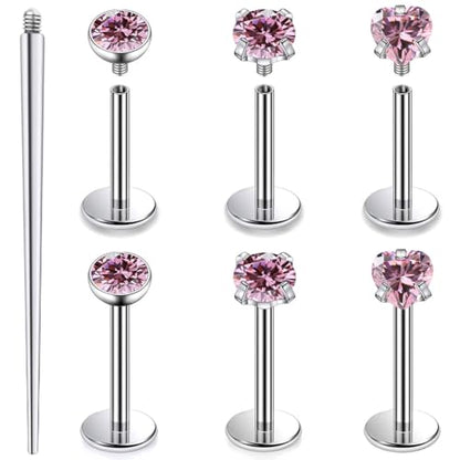 20G 18G 16G F316 Titanium Flat Back Nose Rings Studs Hypoallergenic Screw on Tragus Helix Cartilage Earrings Stud Piercing Jewerly for Women Men Bars 6mm - style: 18G Flat Back Nose Studs-bars 6mm-Pink CZ