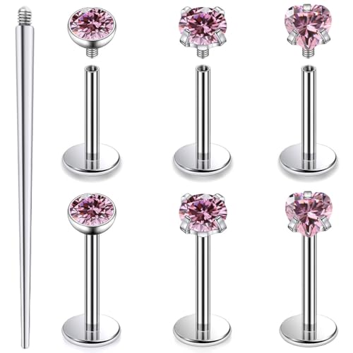 20G 18G 16G F316 Titanium Flat Back Nose Rings Studs Hypoallergenic Screw on Tragus Helix Cartilage Earrings Stud Piercing Jewerly for Women Men Bars 6mm - style: 20G Flat Back Nose Studs-bars 6mm-Pink CZ