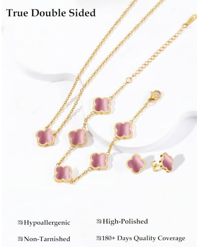 Clover Jewelry Set 3 PC - 18K Gold Plated Stainless Steel Y Necklace Four Leaf Pendant, Clover Bracelet Charm, 4leaf Earrings, Hypoallergenic Non-Tarnish, Lucky Jewelry Gifts for Women Mom - color: Pink/Gold