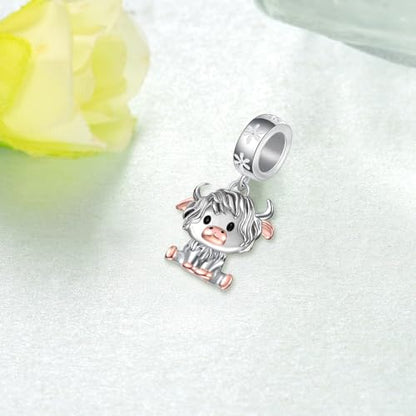 Cute Animals Charms 925 Sterling Silver Highland Cow/Dragon/Axolotl/Raccoon/Whale/Turtle/Cardinal/Hummingbird Charms for Bracelets for Women Cute Animal Charm Beads for Jewelry Making - style: Highland Cow Charm