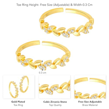 Aheli Cubic Zirconia Studded Leaf Style Adjustable Toe Ring Bichiya Fancy Jewellery for Women - color: Gold