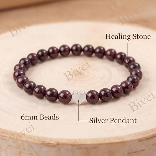 Bivei Crystal Stretch 6mm Bracelets for Women | Handmade Natural Stone Beaded Stretch Bracelet, Stainless Steel Heart Bead, Tranquility Yoga Gift Jewelry for Women - color: Garnet - Energizing