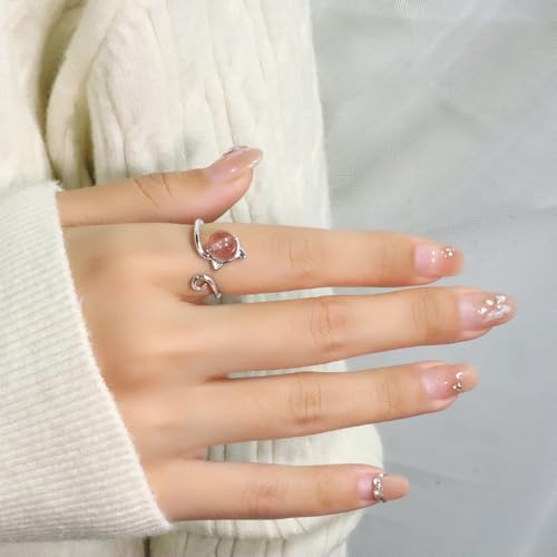 Adjustable Leaf Stackable Rings for Women Cubic Zirconia Stones Blue Leaves Purple Flower Open Band Stacking Finger Sliver Rings Fashion Plant Floral Aesthetic CZ Jewelry - color: pink cat