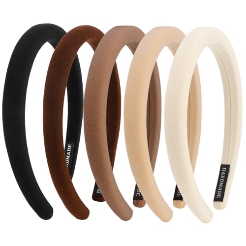 Aprince Padded Headbands for Women 5Pcs, Neutral Headband Non-slip, Thin Headbands with Soft Fabric, Comfortable Brown Headband, Head Bands for Women’s Hair, Plain Elastic Hairbands Fashion