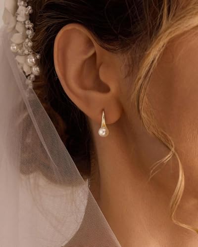 Pearl Earrings - 14k Gold or White Gold Plated Sparkle Cubic Zirconia Dainty Pearl Stud Earrings for Women Wedding Party Bridal - color: gold fish hook