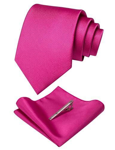JEMYGINS Solid Color Formal Necktie and Pocket Square Tie Clip Sets for Men - color: Hot Pink