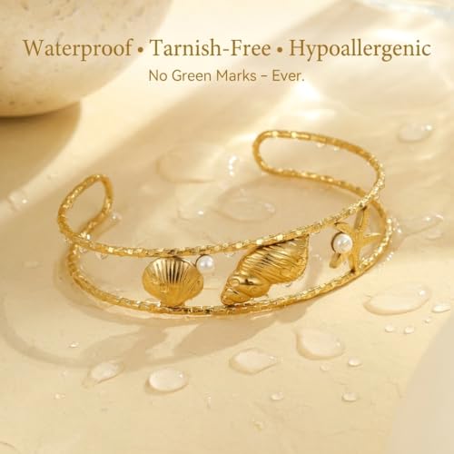 Starfish Open Cuff Bracelet for Women – 18K Gold Plated Stainless Steel, Adjustable Ocean-Inspired Arm Cuff, Waterproof, Hypoallergenic Beach Jewelry Gift - color: Starfish-Seashell 1