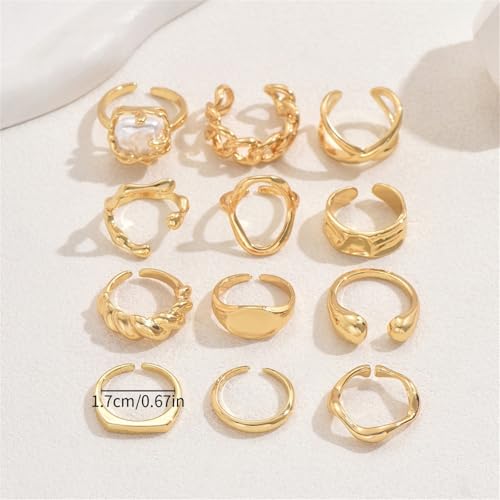 Trendy Knuckle Rings Set for Women Dainty Stackable Joint Finger Midi Rings Pack Adjustable Dome Twist Hollow Chunky Rings Statement Jewelry Mixed Size - style: C-Gold-12Pcs