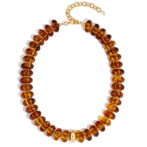 Chunky Colorful Choker Necklace for Women - Summer Beach Round Resin Beads Necklace, Trendy Statement Summer Beach Jewelry Birthday Gifts for Vacation Holiday - color: 18mm Amber Brown Bead