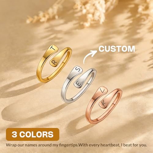 Custom Ring for Women 925 Sterling Silver Name Rings Personalized Initial Ring Engraved Stackable Letter Ring Christmas Birthday Gifts For Mom Grandma Sisters Girlfriend - color: Style 1-Rose Gold