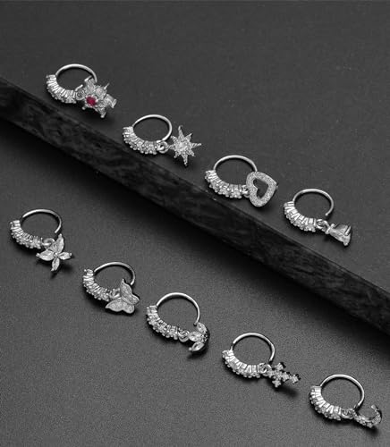 10Pcs Dangle Nose Rings Hoop Butterfly Heart Moon Flower Star CZ Cartilage Earring Dangling Nose Body Piercing Jewelry 20G Silver Rose Gold Black Tone - color: A:Silver Tone