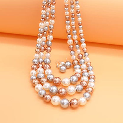 Chunky Layered Imitation Pearl Necklace for Women 3 strand Pearl Necklaces Faux Pearl Necklace Earrings Set 1920s Flapper Gatsby Costume Accessories - color: 3 strand pearl necklace champagne grey white