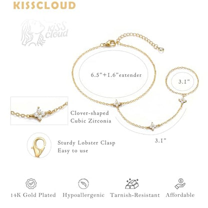 Bracelets for Women, Dainty Gold Silver Ring Bracelet Hand Chain | Cubic Zirconia Pearl Charms, 14K Gold Plated, Adjustable Fit, Trendy Stackable Link Chain, Waterproof Jewelry, Gift for Her - color: Gold-clover hand chain