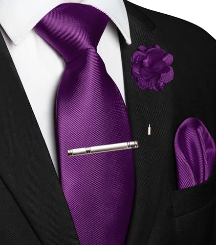 JEMYGINS Formal Necktie Solid Color Tie and Pocket Square with Tie Clip Lapel Pin Sets for Men 4PCS - color: Purple