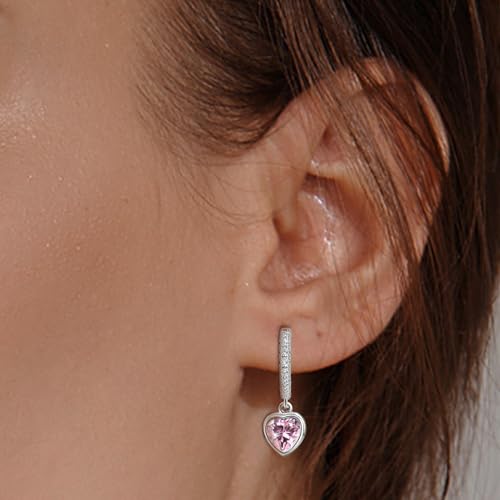 Heart Hoop Earrings with Dangle Sterling Silver Love Heart-Shaped Loop Earrings for Women Hypoallergenic Sparkle Birthstone Cubic Zirconia Hoop Earring with Dangling Charms Dainty Fashion Jewelry Gift - color: Pink