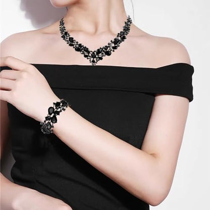 Crystal Bridal Jewelry Set, Floral Statement Necklace, Earrings, Bracelet, Wedding Accessories - color: Black