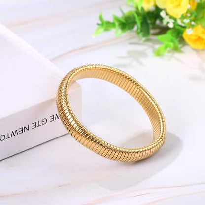 NMQLX Women's Elastic Bangle Bracelets: Stainless Steel Gold Chunky Wristband Bracelets - color: Gold - 12mm