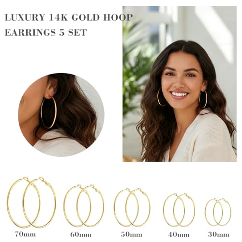 6 Pairs Gold Silver Hoop Earrings for Women 14K Gold Plated 316 Hypoallergenic Stainless Steel Lightweight Large Small Hoops Women Earrings 30/40/50mm Set - color: 5 Pairs Gold-30/40/50/60/70mm