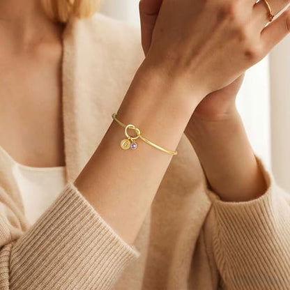 Birthstone Initial Bracelets for Women, Dainty 14K Gold Plated 12 Months Disc Initial A-Z Birthstone Heart Knot Bangle Bracelet Birthday Bridesmaid Jewelry Gifts for Women - color: A., style: 05-May-Created Grown Emerald