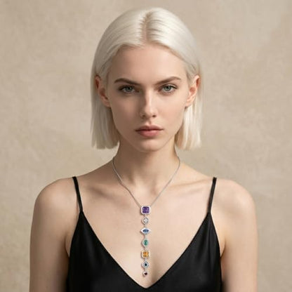 18K Gold Plated Seven Chakra Necklace for Women, Dainty Y Necklace Lariat Drop Pendant, Crystal Healing Yoga Jewelry Gifts - color: silver 02