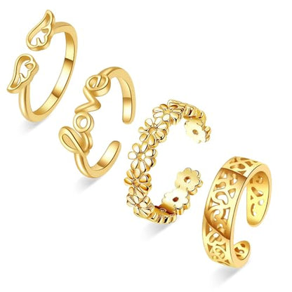 Toe Rings for Women,Gold Plated Stylish Adjustable Toe Band Rings, Summer Beach Foot Jewelry - Perfect for Vacation, Daily Wear - style: 4 Pcs