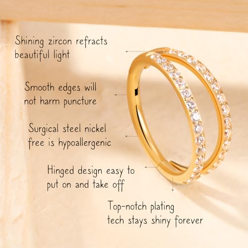 AROWRO Conch Piercing Jewelry Nose Rings Hoops Septum Cartilage Helix Rook | Surgical Steel Gold Silver Cartilage Earrings for Women Tragus Helix Piercing Jewelry 16G 18G 20G With Cubic Zirconia Opal - color: Gold-D1 Clear CZ, size: 16G(1.2mm)-12mm
